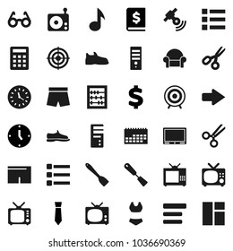 Flat vector icon set - spatula vector, glasses, scissors, abacus, music, annual report, clock, tie, dollar sign, snickers, shorts, swimsuite, target, calendar, radio, satellitie, tv, menu, arrow