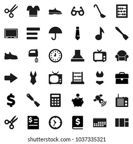 Flat vector icon set - spatula vector, ladle, mixer, glasses, scissors, abacus, music, piggy bank, case, annual report, clock, tie, dollar sign, snickers, swimsuite, t shirt, calendar, umbrella, tv