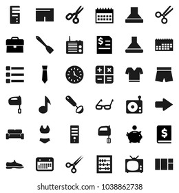 Flat vector icon set - spatula vector, ladle, mixer, glasses, scissors, abacus, music, piggy bank, case, annual report, tie, calendar, snickers, shorts, swimsuite, t shirt, clock, radio, menu, arrow