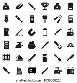 Flat vector icon set - spatula vector, ladle, knife, grater, toaster, blender, dish, pen, award cup, magnet, gold ingot, safe, hand trainer, battery, scalpel, tooth implant, fridge, meat grinder