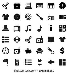 Flat vector icon set - spatula vector, ladle, mixer, scissors, abacus, music, piggy bank, case, clock, tie, calendar, dollar sign, shorts, swimsuite, t shirt, target, radio, arrow, tv, calculator
