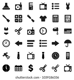 Flat vector icon set - spatula vector, mixer, scissors, abacus, clock, tie, calendar, dollar sign, swimsuite, t shirt, umbrella, radio, satellitie, tv, menu, arrow, calculator, hood, computer