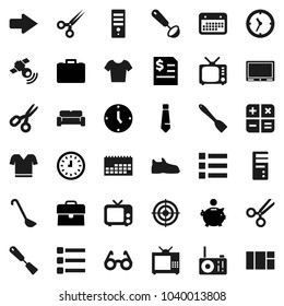 Flat vector icon set - spatula vector, ladle, glasses, scissors, piggy bank, case, annual report, clock, tie, snickers, t shirt, target, calendar, satellitie, tv, menu, arrow, cushioned furniture