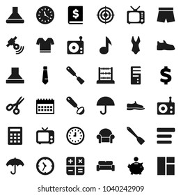 Flat vector icon set - spatula vector, ladle, scissors, abacus, music, piggy bank, annual report, clock, tie, calendar, dollar sign, snickers, shorts, swimsuite, t shirt, target, umbrella, radio, tv