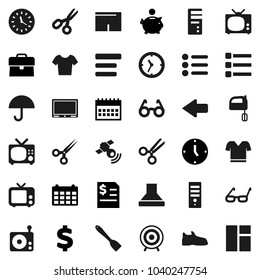 Flat vector icon set - spatula vector, mixer, glasses, scissors, piggy bank, case, annual report, clock, calendar, dollar sign, snickers, shorts, t shirt, target, umbrella, radio, satellitie, tv