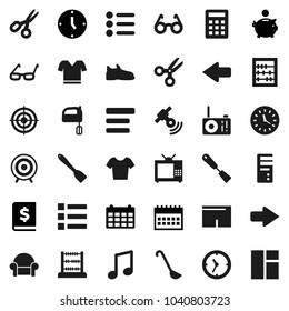 Flat vector icon set - spatula vector, ladle, mixer, glasses, scissors, abacus, music, piggy bank, annual report, clock, calendar, snickers, shorts, t shirt, target, satellitie, menu, arrow, tv