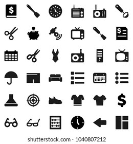Flat vector icon set - spatula vector, ladle, glasses, scissors, abacus, piggy bank, annual report, clock, calendar, dollar sign, snickers, shorts, swimsuite, t shirt, target, umbrella, radio, tv
