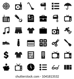 Flat vector icon set - spatula vector, ladle, mixer, glasses, scissors, abacus, music, piggy bank, case, annual report, clock, tie, calendar, dollar sign, snickers, shorts, t shirt, target, umbrella
