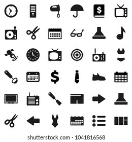 Flat vector icon set - spatula vector, ladle, mixer, glasses, scissors, music, annual report, tie, calendar, dollar sign, snickers, shorts, swimsuite, target, clock, umbrella, radio, satellitie, tv