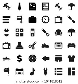 Flat vector icon set - spatula vector, ladle, mixer, scissors, abacus, music, case, annual report, tie, calendar, dollar sign, snickers, shorts, swimsuite, t shirt, clock, umbrella, satellitie, menu