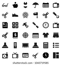 Flat vector icon set - spatula vector, ladle, mixer, glasses, scissors, piggy bank, annual report, clock, calendar, snickers, shorts, swimsuite, t shirt, target, umbrella, radio, satellitie, tv