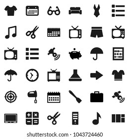 Flat vector icon set - spatula vector, mixer, glasses, scissors, abacus, music, piggy bank, case, calendar, shorts, swimsuite, t shirt, target, clock, umbrella, satellitie, tv, menu, arrow, hood