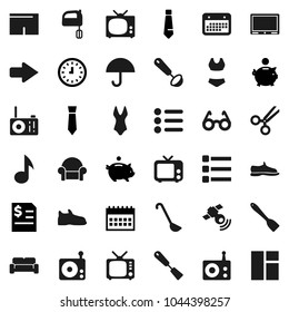 Flat vector icon set - spatula vector, ladle, mixer, glasses, music, piggy bank, annual report, clock, tie, calendar, snickers, shorts, swimsuite, umbrella, radio, satellitie, tv, scissors, menu