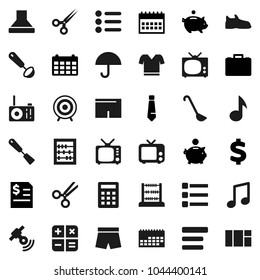 Flat vector icon set - spatula vector, ladle, abacus, music, piggy bank, case, annual report, tie, calendar, dollar sign, snickers, shorts, t shirt, target, umbrella, satellitie, tv, scissors, menu