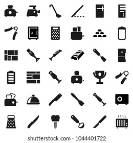 Flat vector icon set - spatula vector, ladle, knife, grater, toaster, blender, dish, award cup, gold ingot, safe, hand trainer, consolidated cargo, battery, scalpel, tooth implant, fridge, computer