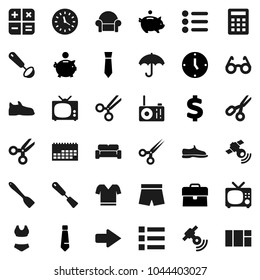 Flat vector icon set - spatula vector, ladle, glasses, scissors, piggy bank, case, clock, tie, dollar sign, snickers, shorts, swimsuite, t shirt, calendar, umbrella, satellitie, arrow, tv, menu