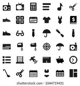 Flat vector icon set - spatula vector, ladle, mixer, glasses, scissors, abacus, music, piggy bank, annual report, tie, calendar, shorts, swimsuit, t shirt, target, clock, umbrella, radio