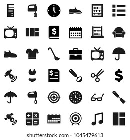 Flat vector icon set - spatula vector, ladle, mixer, glasses, abacus, music, case, annual report, clock, calendar, dollar sign, snickers, swimsuite, t shirt, target, umbrella, satellitie, scissors