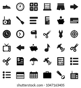 Flat vector icon set - spatula vector, ladle, mixer, scissors, abacus, music, piggy bank, case, annual report, clock, calendar, snickers, shorts, swimsuite, target, umbrella, satellitie, tv, menu