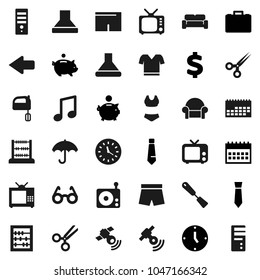 Flat vector icon set - spatula vector, mixer, glasses, abacus, music, piggy bank, case, clock, tie, calendar, dollar sign, shorts, swimsuite, t shirt, umbrella, radio, satellitie, tv, scissors, hood