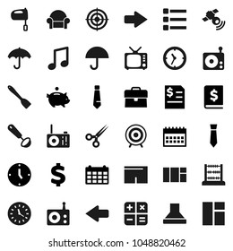 Flat vector icon set - spatula vector, ladle, mixer, abacus, music, piggy bank, case, annual report, clock, tie, calendar, dollar sign, shorts, target, umbrella, radio, satellitie, tv, scissors