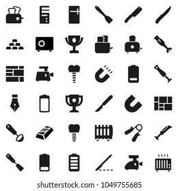 Flat vector icon set - spatula vector, ladle, knife, toaster, blender, pen, award cup, magnet, gold ingot, safe, hand trainer, consolidated cargo, battery, scalpel, tooth implant, fridge, computer