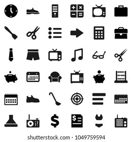 Flat vector icon set - spatula vector, ladle, glasses, scissors, abacus, music, piggy bank, case, annual report, clock, tie, calendar, dollar sign, snickers, shorts, swimsuite, target, tv, menu