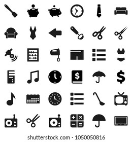 Flat vector icon set - spatula vector, ladle, mixer, scissors, abacus, music, piggy bank, annual report, clock, tie, dollar sign, shorts, swimsuite, calendar, umbrella, radio, satellitie, menu, tv