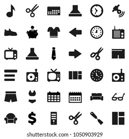 Flat vector icon set - spatula vector, glasses, scissors, music, piggy bank, clock, tie, calendar, dollar sign, snickers, shorts, swimsuite, t shirt, radio, satellitie, tv, menu, arrow, hood, window