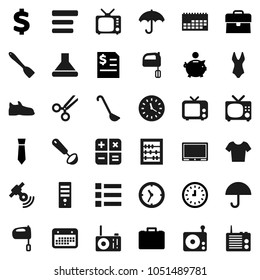 Flat vector icon set - spatula vector, ladle, mixer, abacus, piggy bank, case, annual report, clock, tie, dollar sign, snickers, swimsuite, t shirt, calendar, umbrella, radio, satellitie, tv, menu