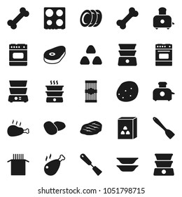 Flat vector icon set - spatula vector, toaster, oven, double boiler, plates, cereal, pasta, potato, steak, chicken leg, bone