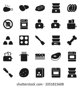 Flat vector icon set - spatula vector, toaster, oven, double boiler, plates, cereal, pasta, potato, steak, chicken leg, breads, no fastfood, bone