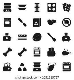 Flat vector icon set - spatula vector, toaster, oven, double boiler, plates, cereal, pasta, potato, chicken leg, breads, no fastfood, bone