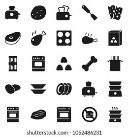 Flat vector icon set - spatula vector, toaster, oven, double boiler, plates, cereal, pasta, potato, steak, chicken leg, breads, no fastfood, bone