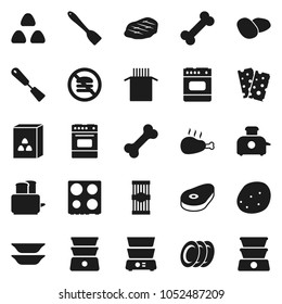 Flat vector icon set - spatula vector, toaster, oven, double boiler, plates, cereal, pasta, potato, steak, chicken leg, breads, no fastfood, bone