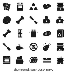 Flat vector icon set - spatula vector, toaster, oven, double boiler, plates, cereal, pasta, potato, steak, chicken leg, breads, no fastfood, bone