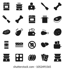 Flat vector icon set - spatula vector, toaster, oven, double boiler, plates, pasta, potato, steak, chicken leg, breads, no fastfood, bone
