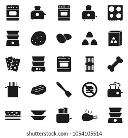 Flat vector icon set - spatula vector, toaster, oven, double boiler, plates, cereal, pasta, potato, steak, chicken leg, breads, no fastfood, bone
