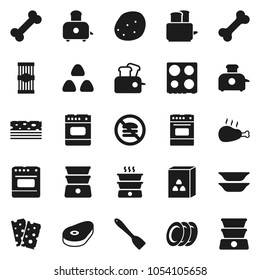 Flat vector icon set - spatula vector, toaster, oven, double boiler, plates, cereal, pasta, potato, steak, chicken leg, breads, no fastfood, bone