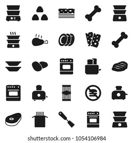 Flat vector icon set - spatula vector, toaster, oven, double boiler, plates, cereal, pasta, potato, steak, chicken leg, breads, no fastfood, bone