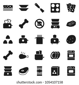 Flat vector icon set - spatula vector, toaster, oven, double boiler, plates, cereal, pasta, potato, steak, chicken leg, breads, no fastfood, bone