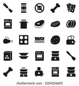 Flat vector icon set - spatula vector, toaster, oven, double boiler, plates, cereal, pasta, potato, steak, chicken leg, breads, no fastfood, bone