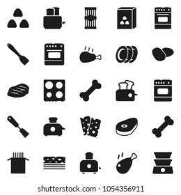 Flat vector icon set - spatula vector, toaster, oven, plates, cereal, pasta, potato, steak, chicken leg, breads, bone, double boiler