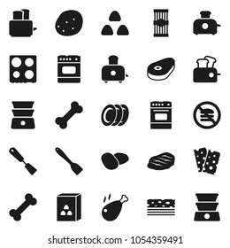Flat vector icon set - spatula vector, toaster, oven, double boiler, plates, cereal, pasta, potato, steak, chicken leg, breads, no fastfood, bone