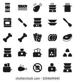 Flat vector icon set - spatula vector, toaster, double boiler, plates, cereal, pasta, steak, chicken leg, breads, no fastfood, bone, oven