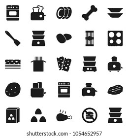 Flat vector icon set - spatula vector, toaster, oven, double boiler, plates, cereal, pasta, potato, steak, chicken leg, breads, no fastfood, bone
