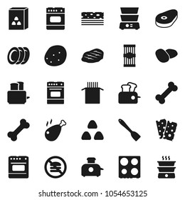 Flat vector icon set - spatula vector, toaster, oven, double boiler, plates, cereal, pasta, potato, steak, chicken leg, breads, no fastfood, bone