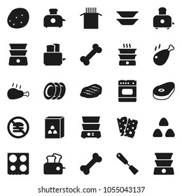 Flat vector icon set - spatula vector, toaster, oven, double boiler, plates, cereal, pasta, potato, steak, chicken leg, breads, no fastfood, bone