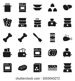 Flat vector icon set - spatula vector, toaster, oven, double boiler, plates, cereal, pasta, potato, steak, chicken leg, breads, bone