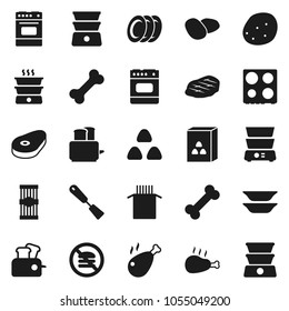 Flat vector icon set - spatula vector, toaster, oven, double boiler, plates, cereal, pasta, potato, steak, chicken leg, no fastfood, bone